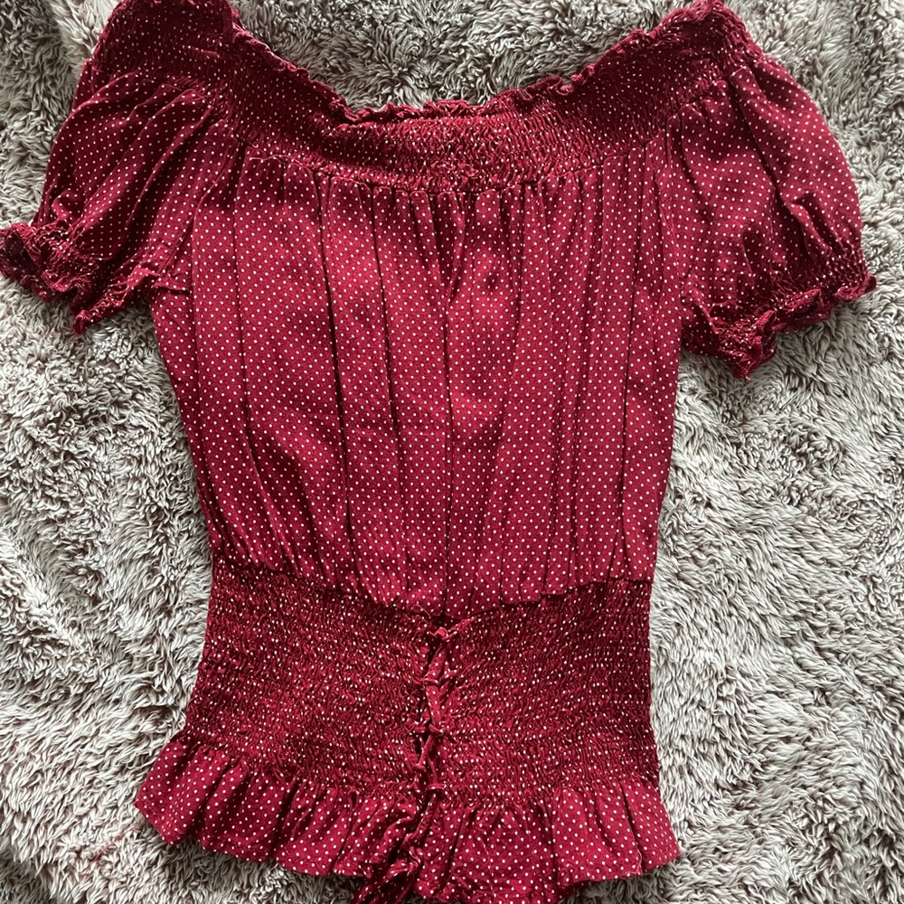 Red polka dot off the shoulder top